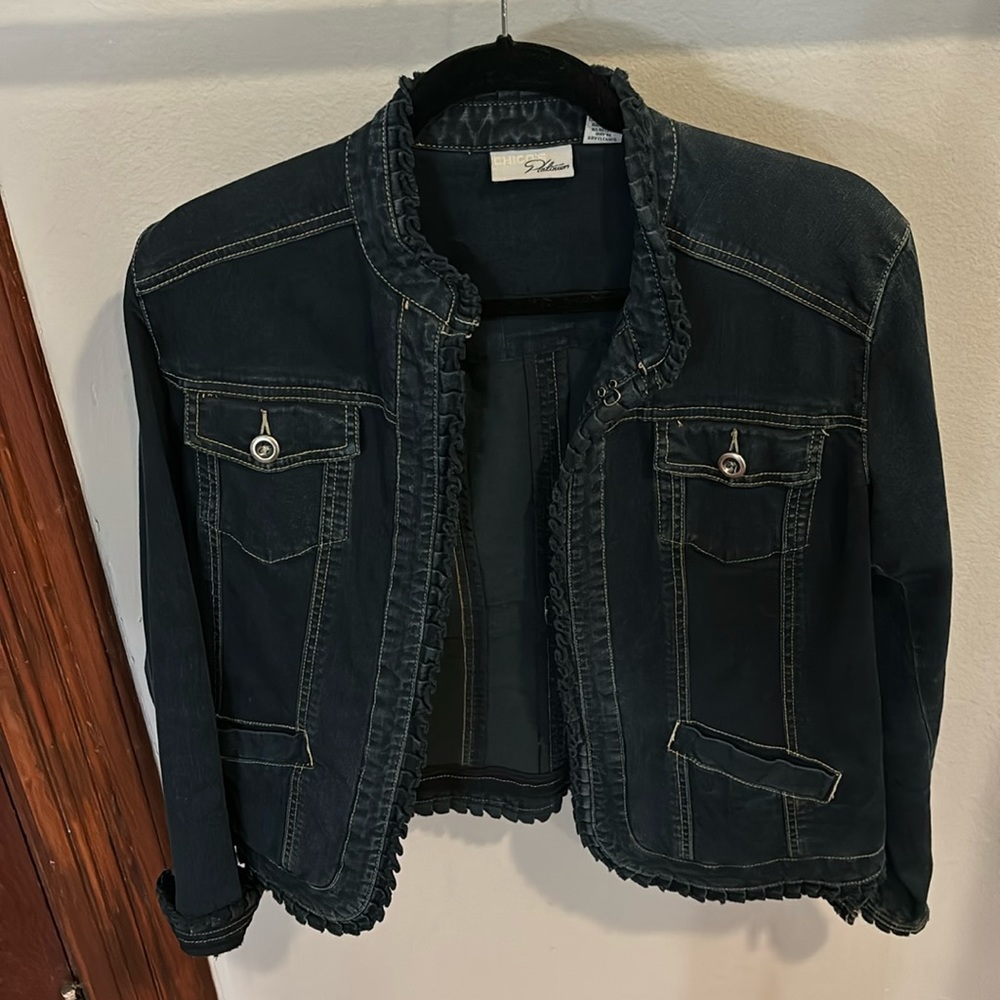 Chico's Dark Navy Ruffled Trim Jean Jacket